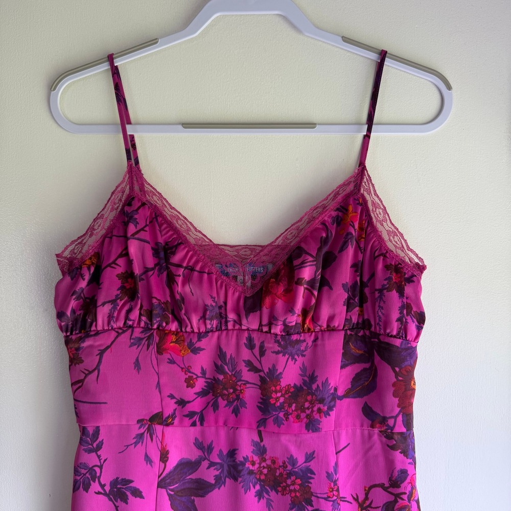 Urban Outfitters Magenta Floral Lace Trim Slip Midi Dress Large Pink Slit L - Picture 2 of 10